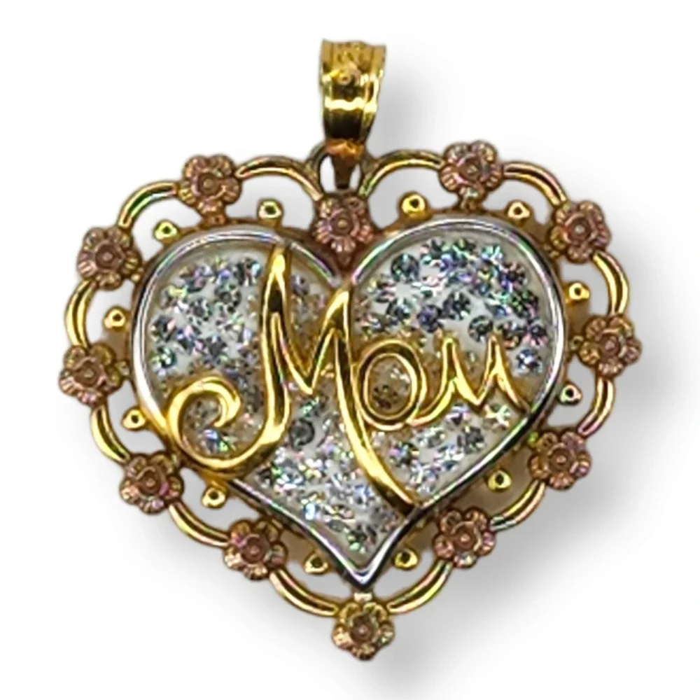 Vintage Mom Heart Pendant Gold Vermeil Tri-Color A Dozen Roses For Mom Crystal